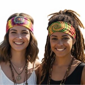 2 Psychedelic Tie Dye Sunburst & Rasta Spiral Square‎ Bandannas Scarf Headbands